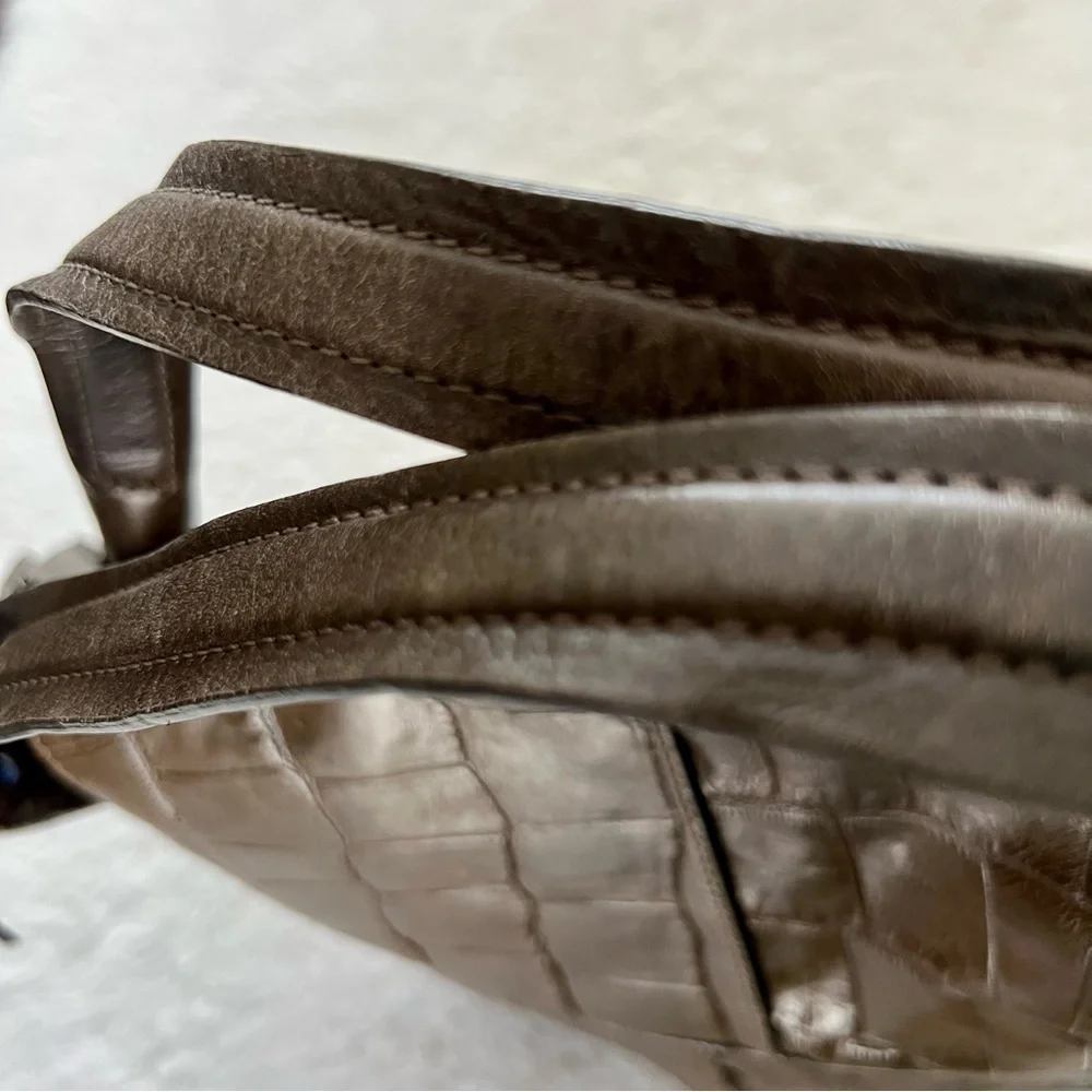 Francesco Biasia Italy Olive Crocodile Print Embossed Leather Large Bag